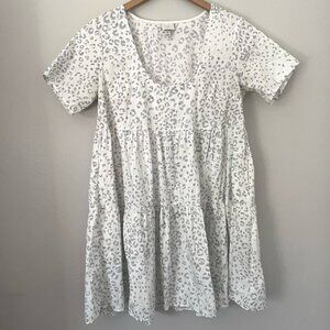 A New Day Sz M Babydoll Cotton Tiered Mini Midi Dress White Navy Summer Dots